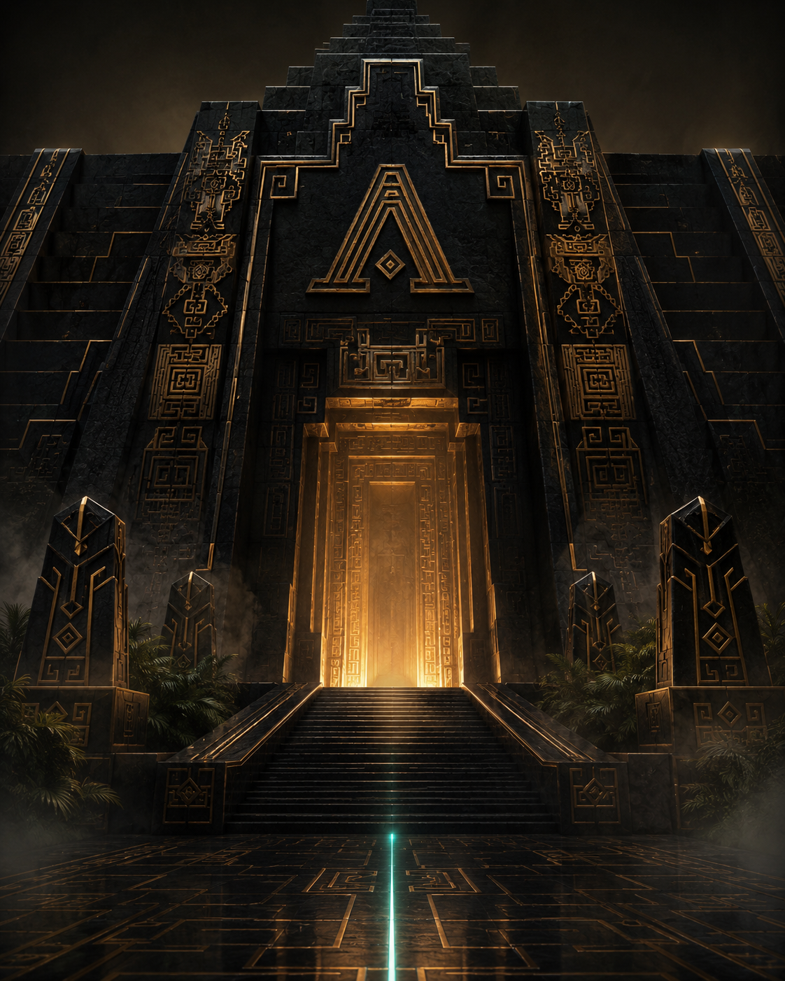 Golden temple of the cyan path 3D render